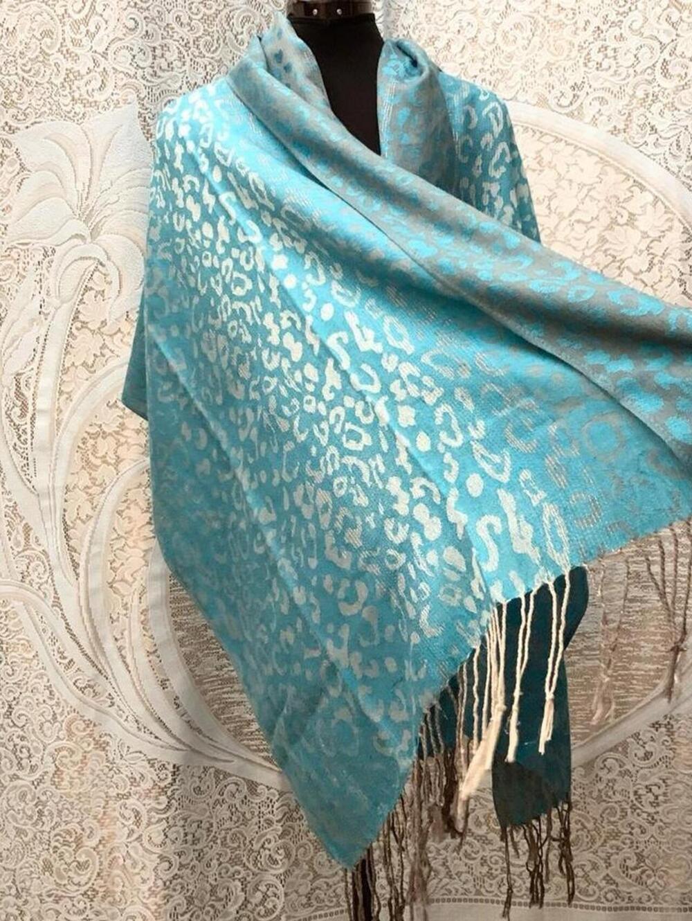 Turquoise Leopard Print Pashmina Shawl Aqua Cheetah Animal Wrap Scarf Fringe